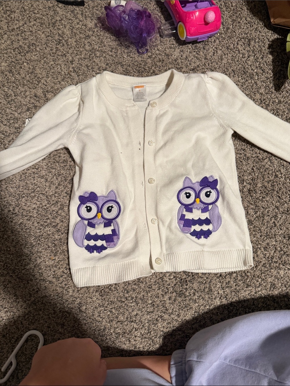 Gymboree White Cardigan with Purple Owl Patches